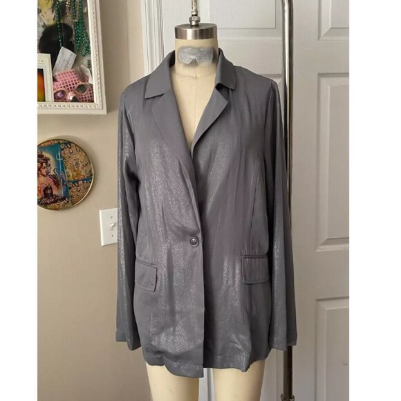FOREVER 21 Gray SILVER matte Metallic Satin Blazer Slinky Jacket *SMALL* - Picture 1 of 6